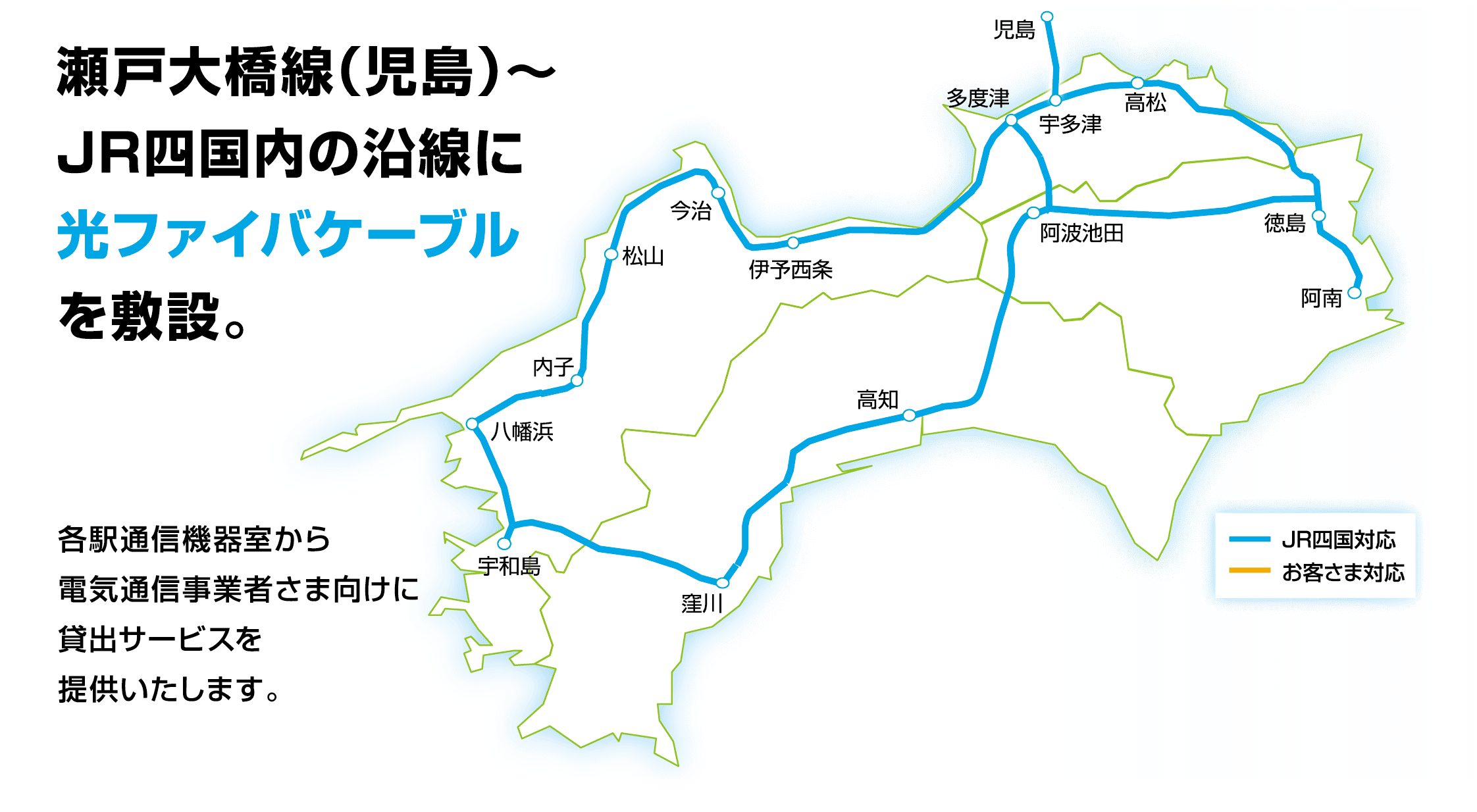 瀬戸大橋線（児島）〜JR四国内の沿線に光ファイバケーブルを敷設。