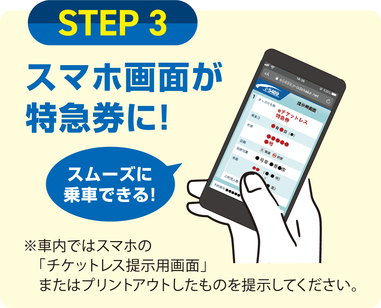 STEP3 スマホ画面が特急券に!スムーズに乗車できる! ※車内ではスマホの「チケットレス提示用画面」またはプリントアウトしたものを提示してください。